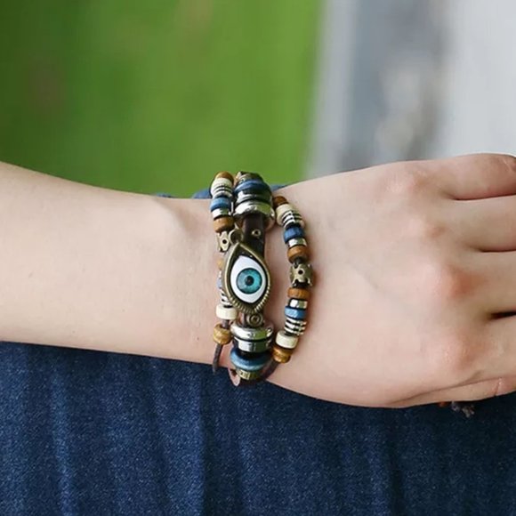 UNISEX DEVIL EYE LEATHER LAYERED 3PCS COUPLES LEATHER BEADED BRACELET - Picture 1 of 14